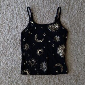 Guess Black Tank Top with Gold Sun Moon Star Celestial Print Size XS